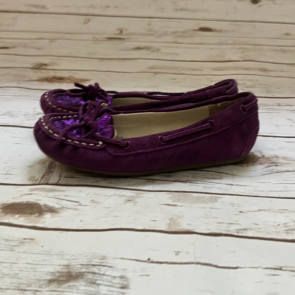 Lands End Moccasin Flats Purple Sequin Suede Bow Girls Size 13M